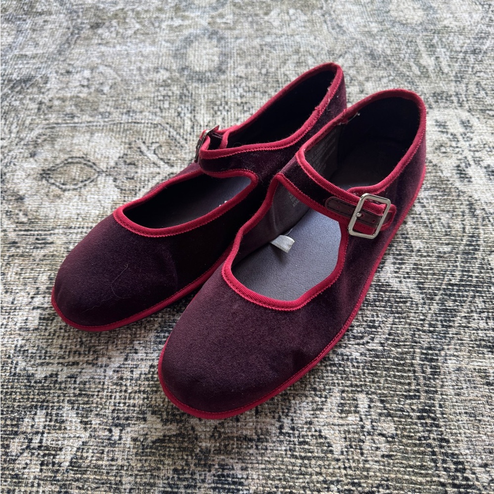A New Day Velvet Mary Jane Flats in Burgundy with Red Trim